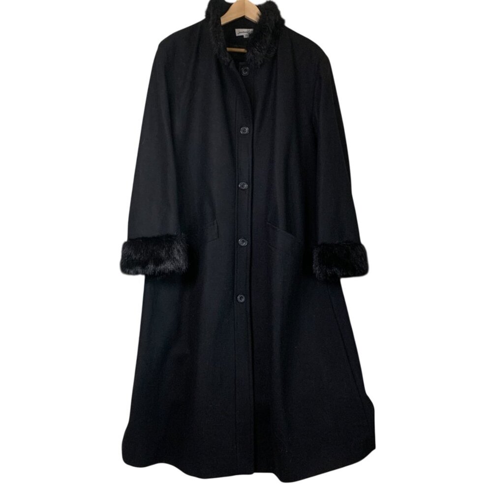 VTG Jonathan Michael Women's Black Wool Blend Long Coat Faux Fur Trim‎ Size 18W - Picture 12 of 15
